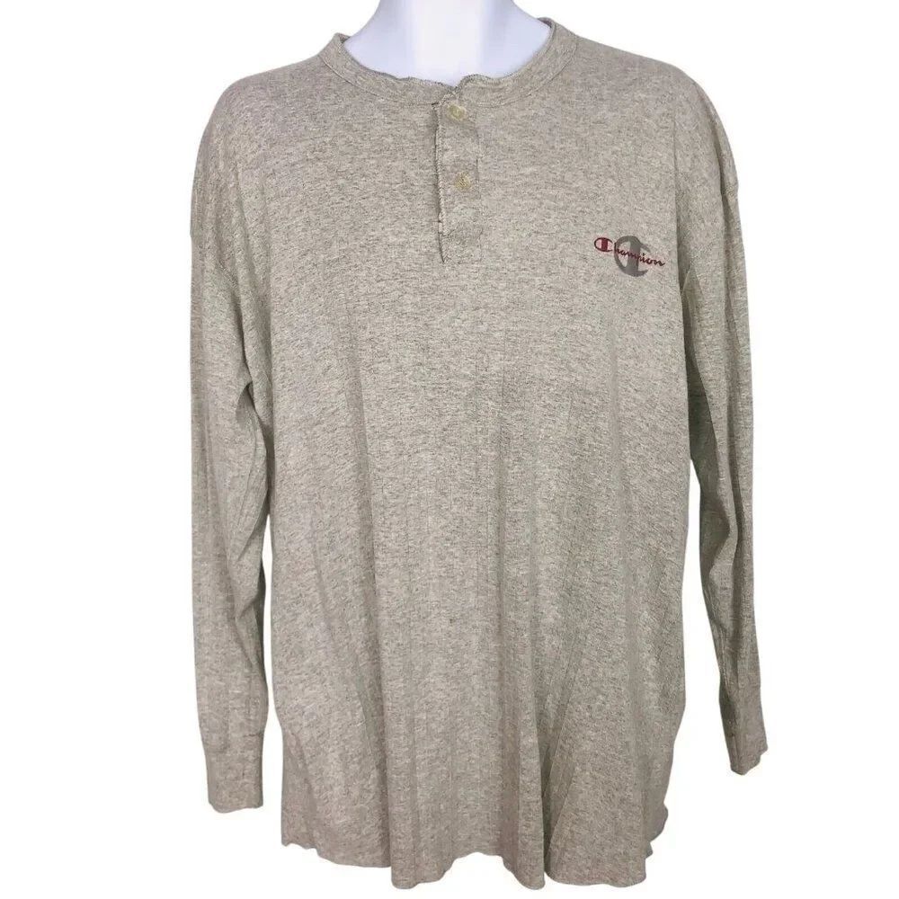 Vintage Champion Mens L Gray Long Sleeve Thermal Henley Shirt Made USA